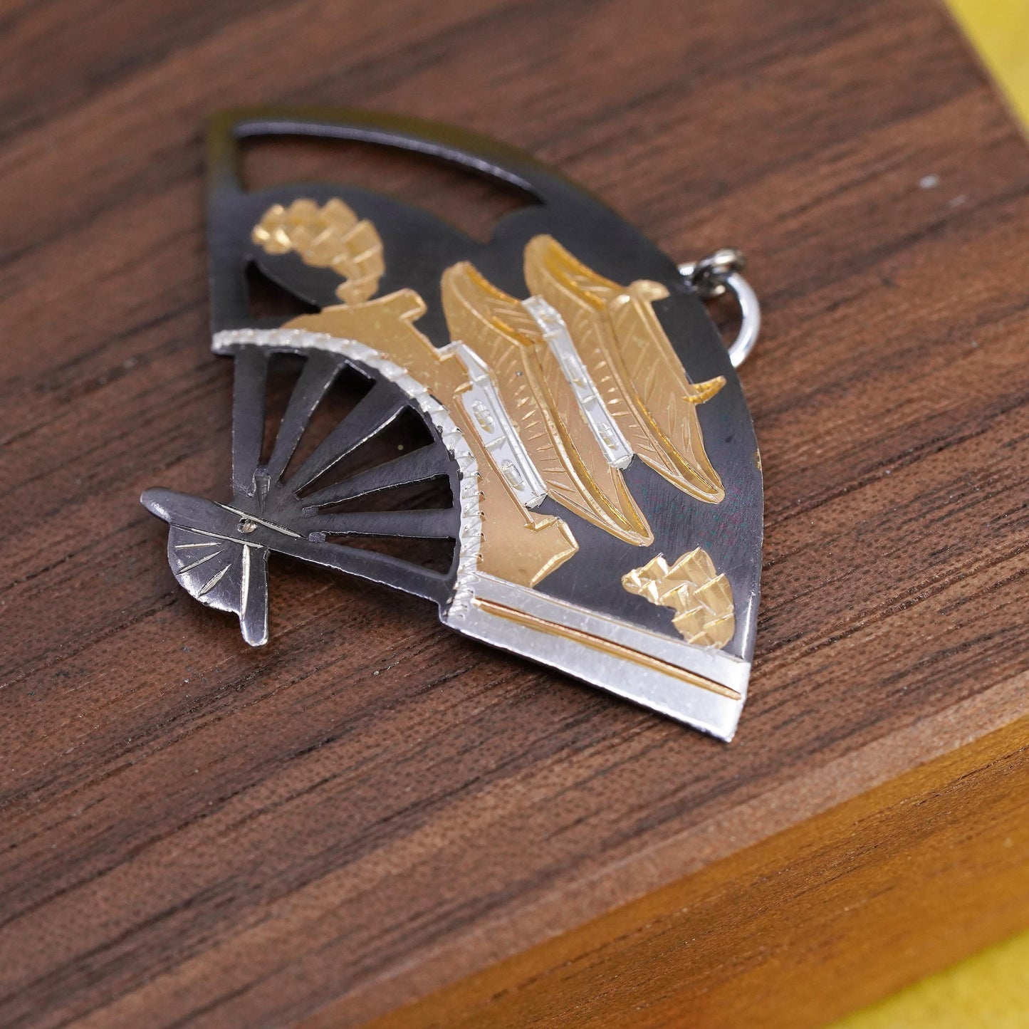 Japanese Fan Pendant Gold & Sterling 925 Silver, Traditional Landscape Scene