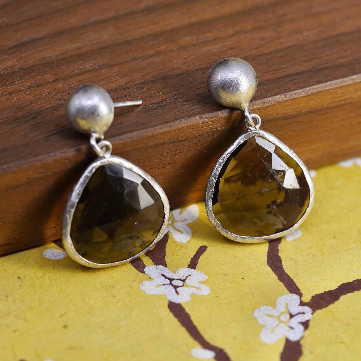 Vintage Sterling 925 Silver Brown Smoky Quartz teardrop handmade Earrings