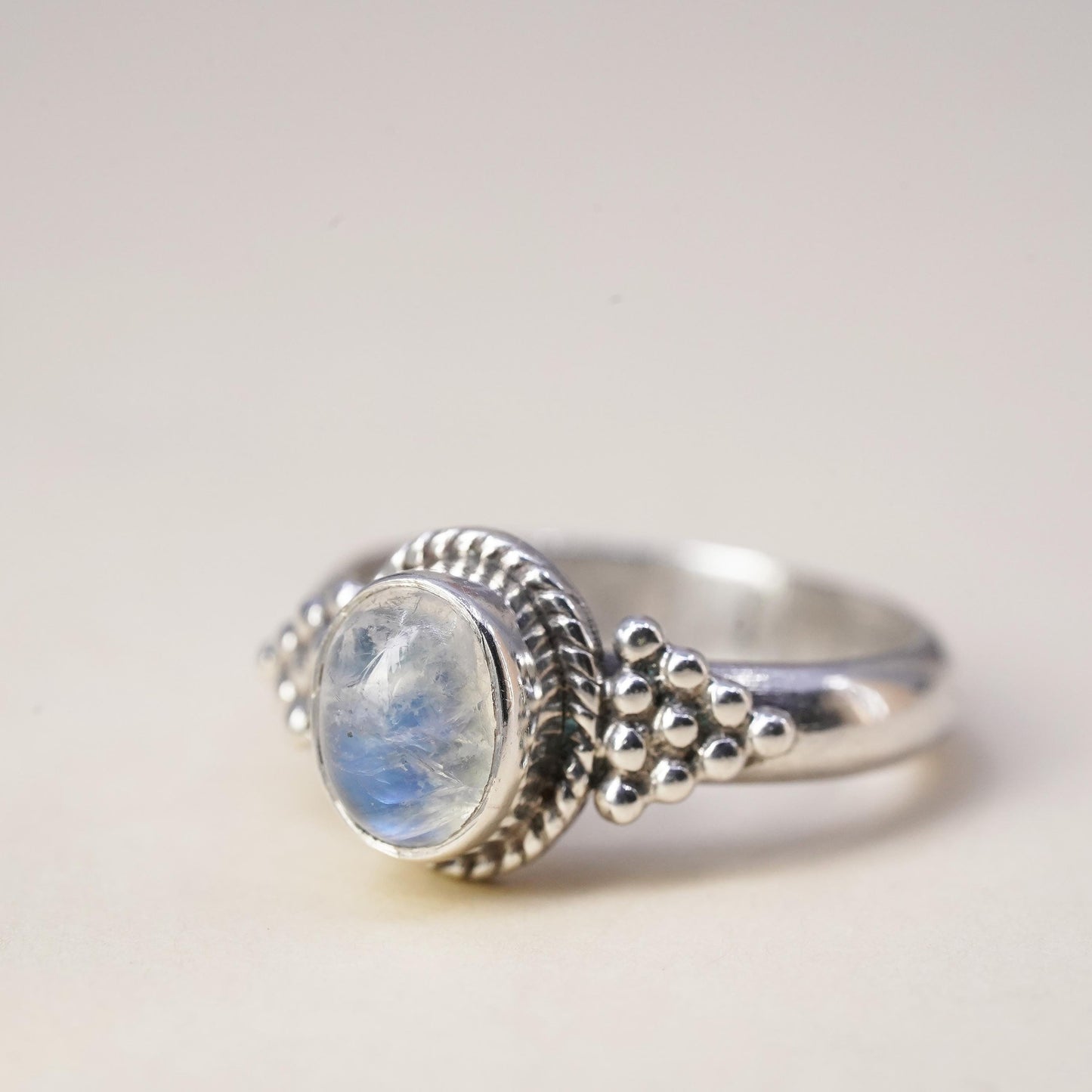 Size 7, vintage Mexican sterling 925 silver stackable ring moonstone and beads