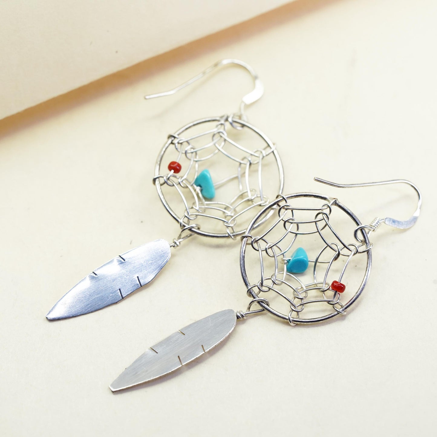 Native American Sterling silver earrings, 925 turquoise coral feather dangles