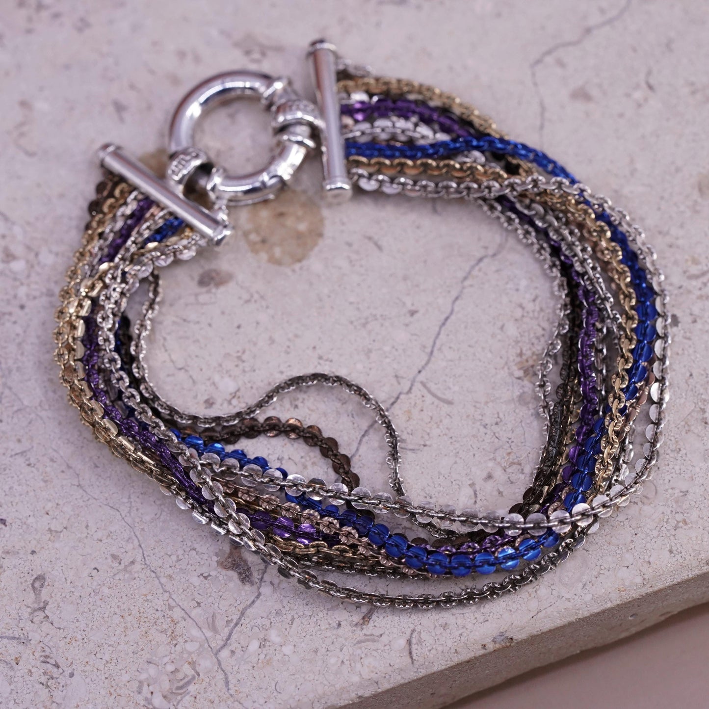 7", vintage Italian Sterling silver bracelet, 925 multi 10 strands curb chain