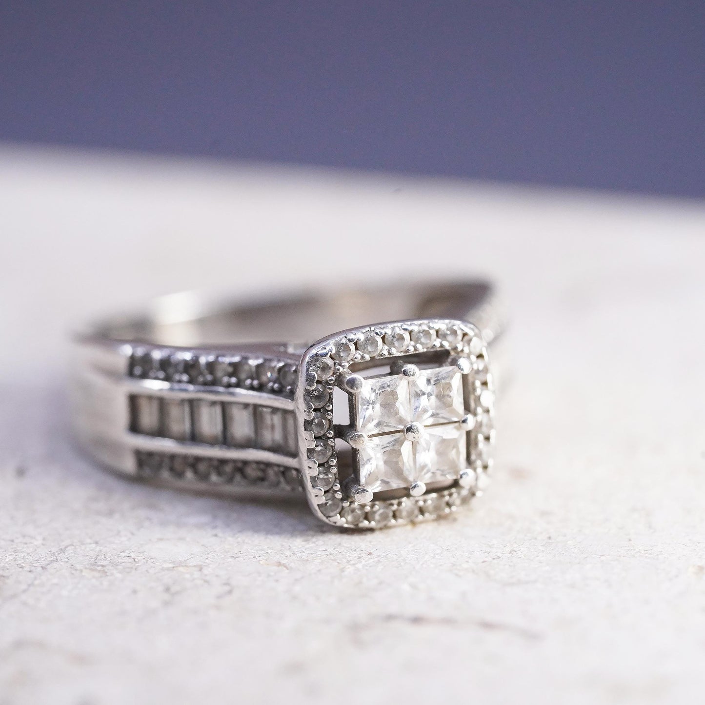 Size 8, Sterling Silver 925 CZ Cluster Princess Cut Square Halo Ring, Crystal