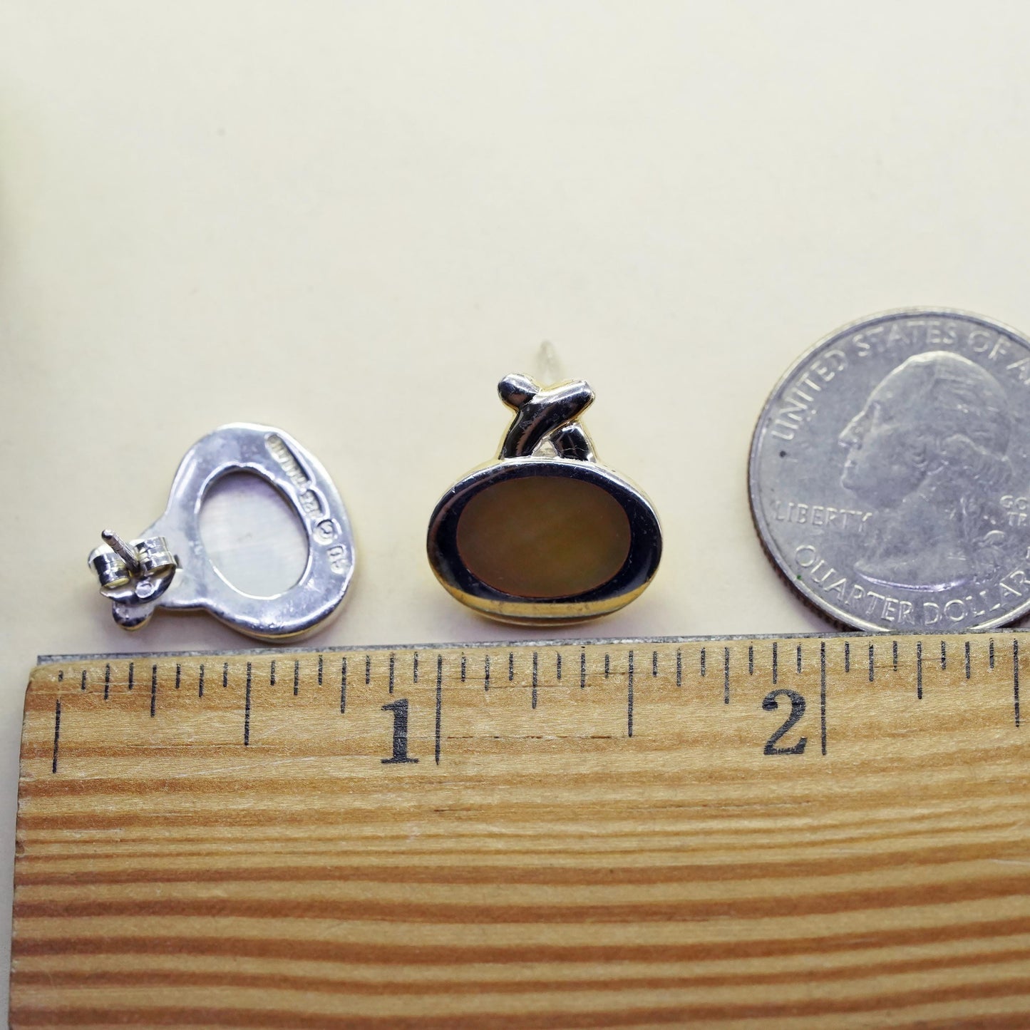 Vintage sterling silver earrings, 925 modern oval studs with mother of pearl