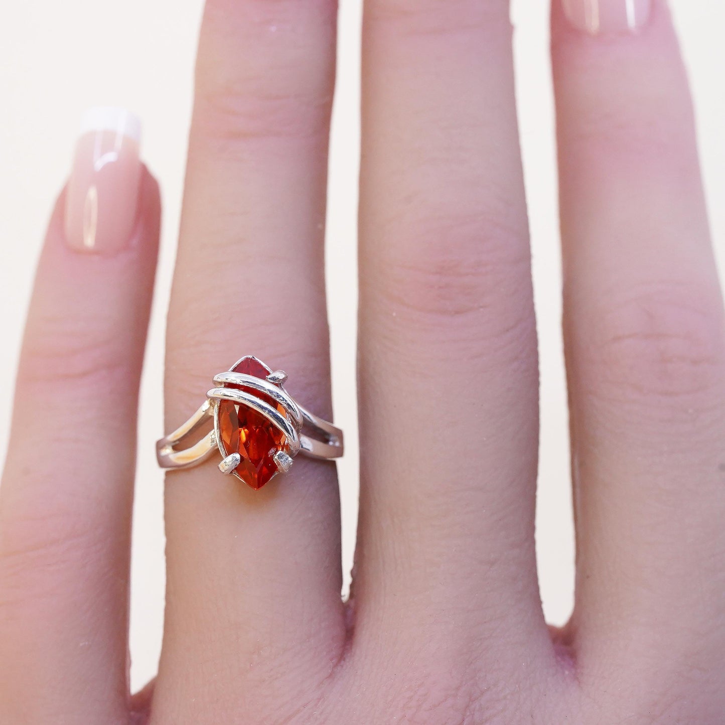 Size 5.75, VTG Sterling silver ring, ring, 925 silver Marquise orange crystal