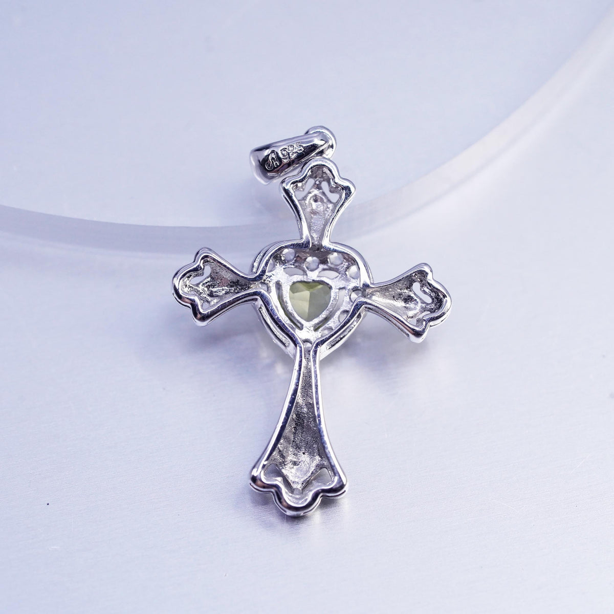 Vintage sterling 925 silver cross pendant with heart peridot cluster CZ crystal