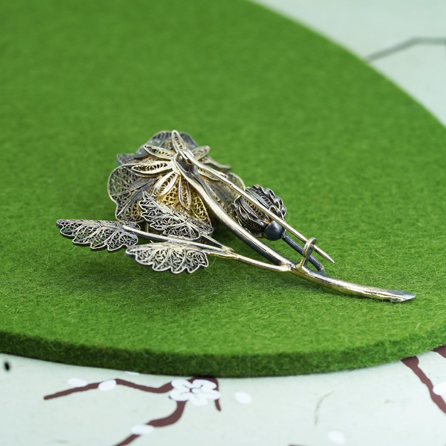 1960s 925 Sterling Silver Gold Plated VTG Portugal Filigree Floral Pin Brooch,
