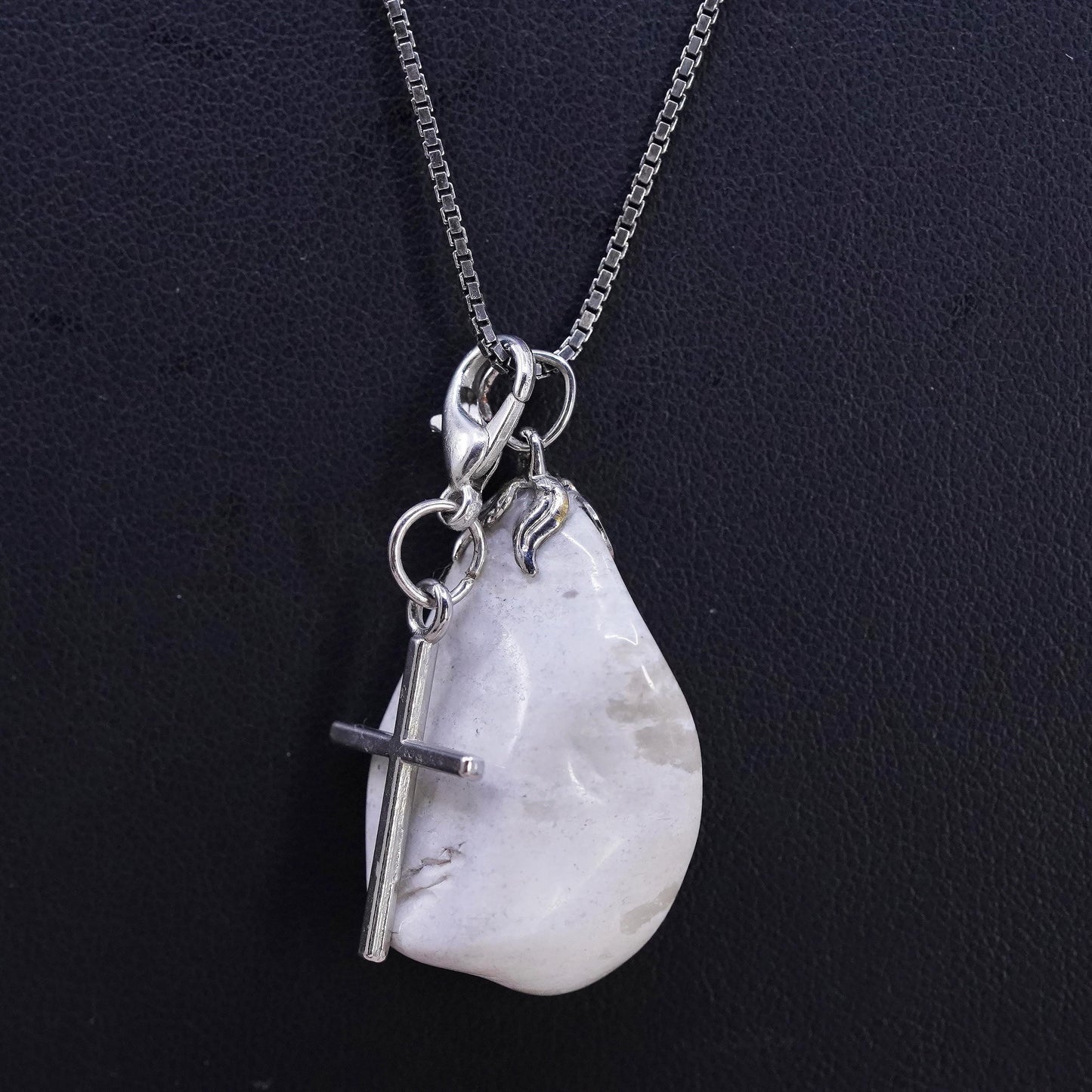 20", sterling 925 silver box chain necklace white quartz cross charm