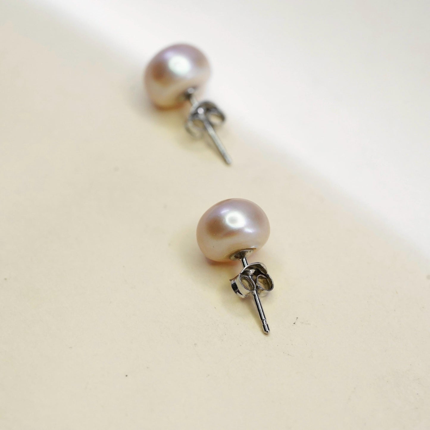 8mm, Vintage sterling silver handmade earrings, 925 studs pink freshwater pearl