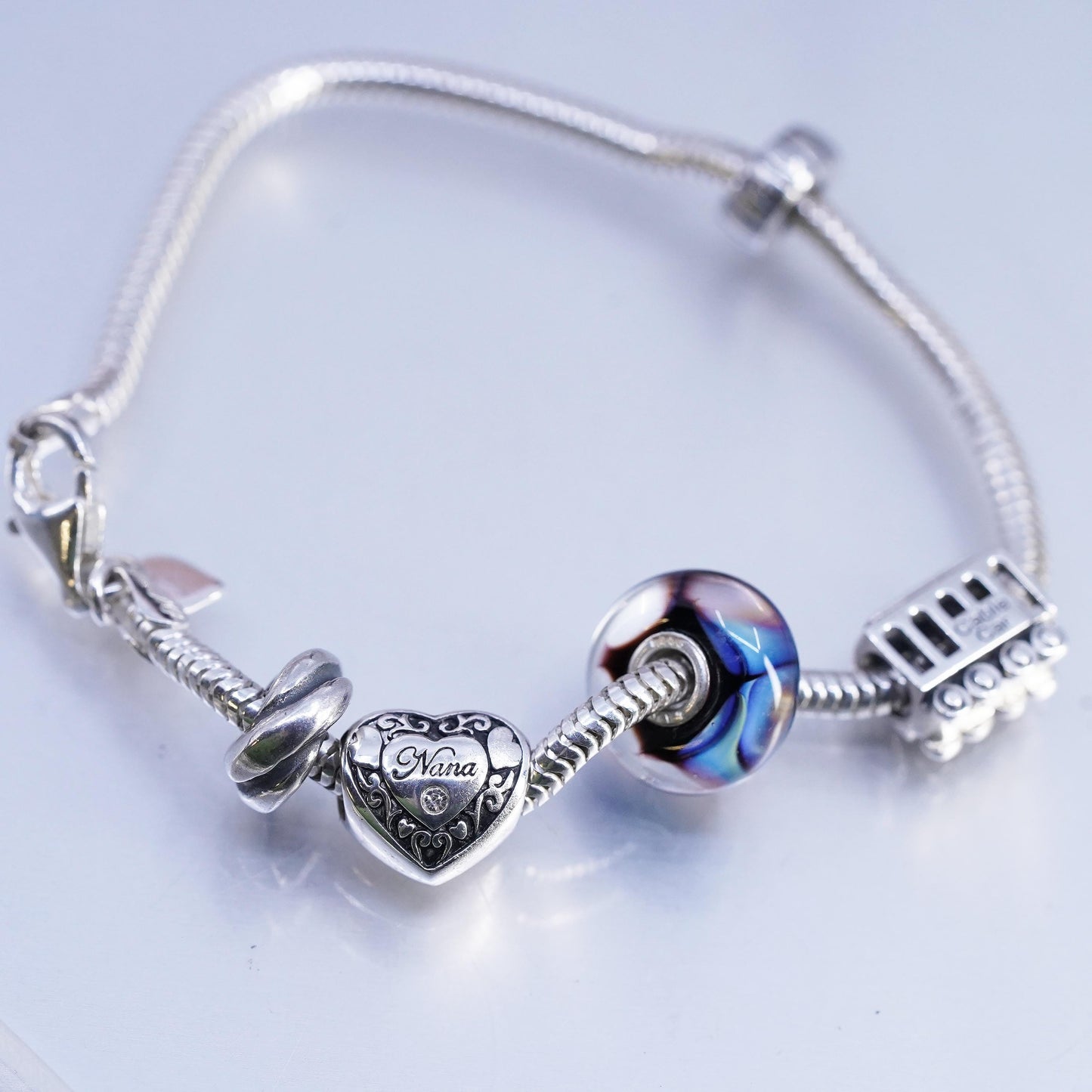 7.25", Michael Anthony Sterling 925 silver snake bracelet heart cable car charm