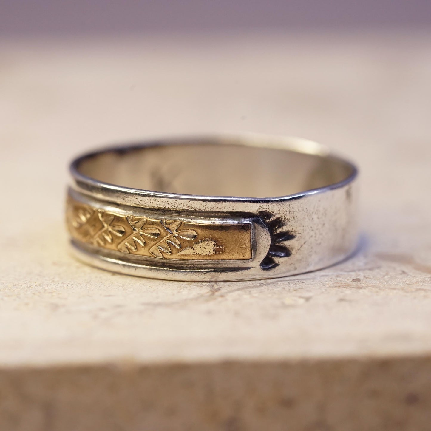 Size 10, Native American Keith James sterling silver 14K GF ring, Navajo 925