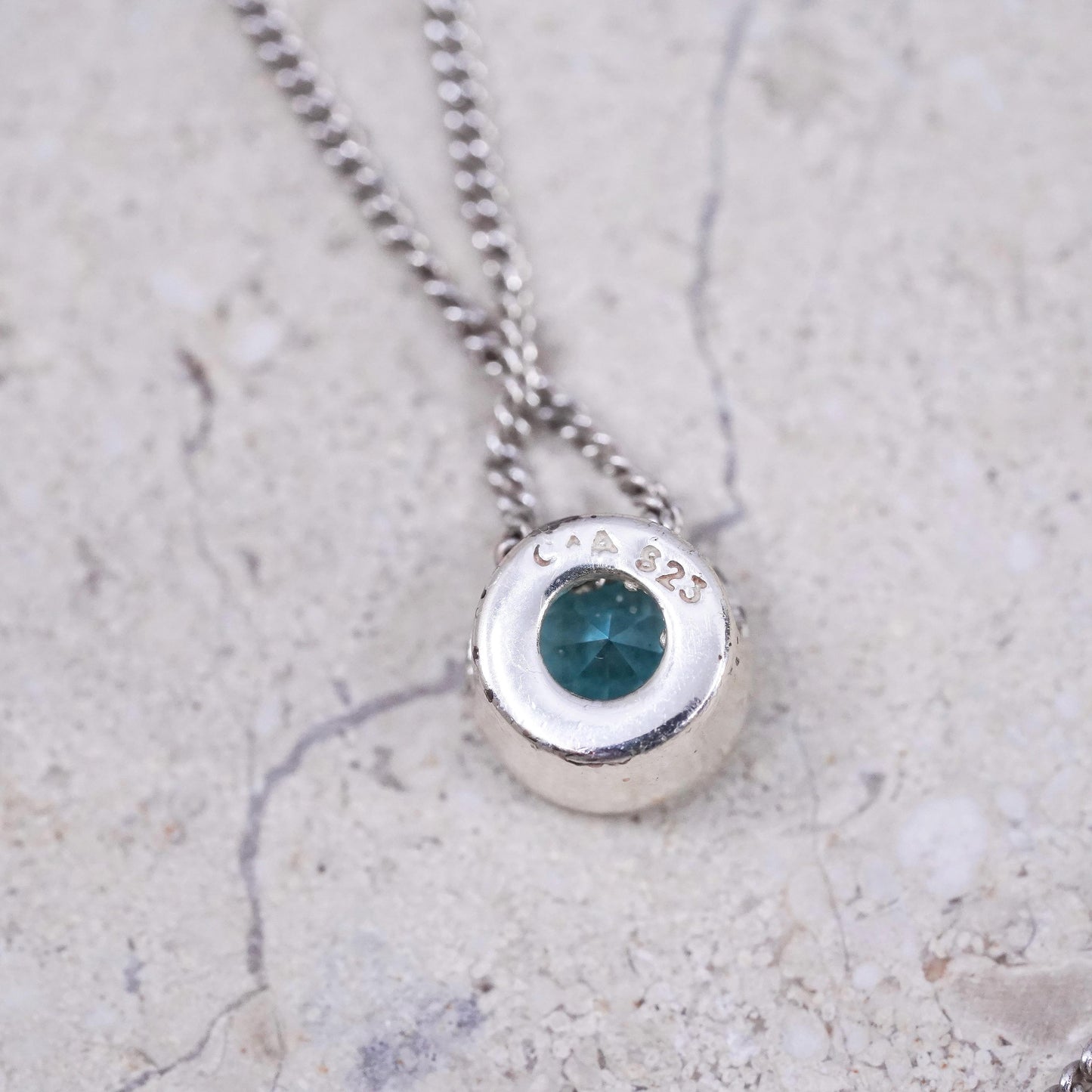 18”, vintage Sterling silver handmade necklace, 925 curb chain blue cz pendant