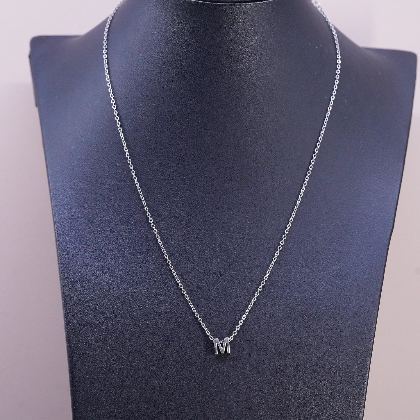 16+2", 1mm, vintage Sterling silver necklace, 925 circle chain w/ tag letter M