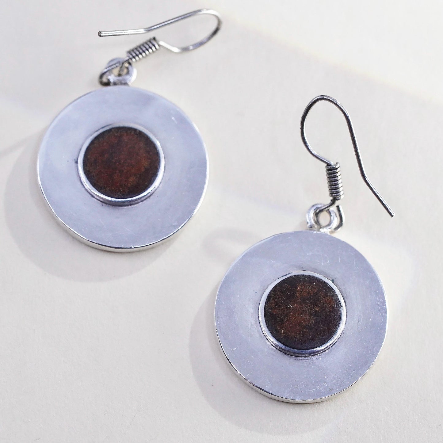 Vintage signed Sterling 925 silver handmade earrings with round drops and amber