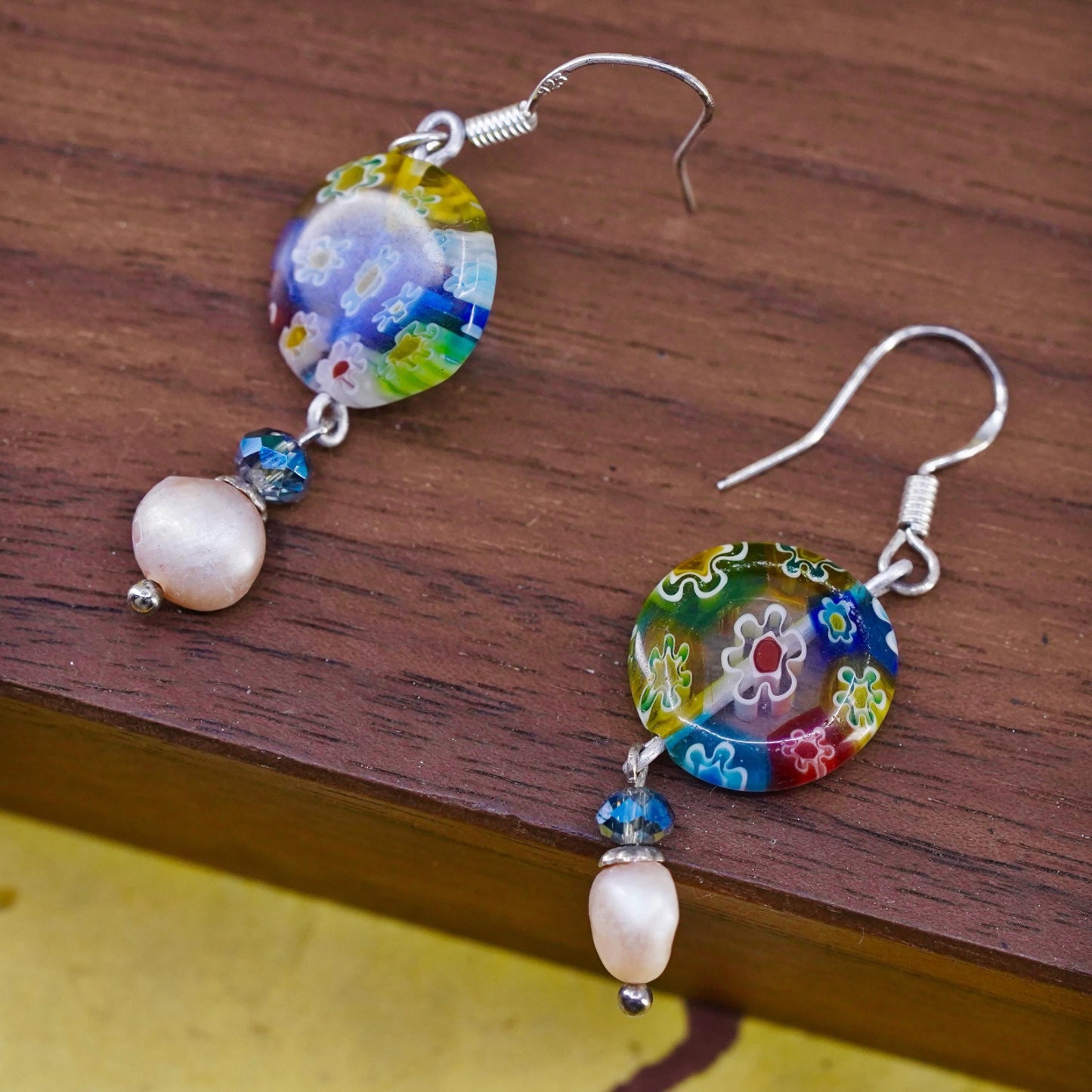 Vintage Italian sterling silver 925 handmade murano glass circle earrings pearl
