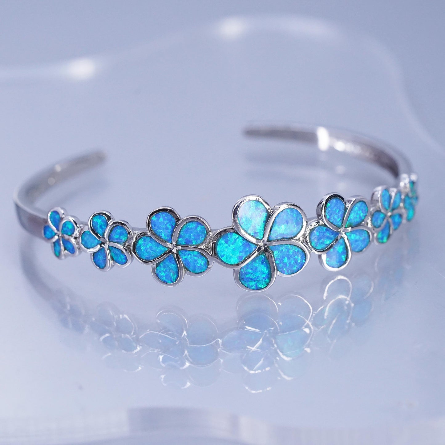 7.5”, vintage Sterling 925 silver handmade plumeria bracelet, cuff blue opal
