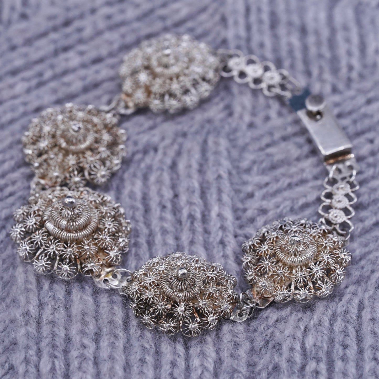 7", vintage sterling silver handmade bracelet, 800 filigree flower bracelet