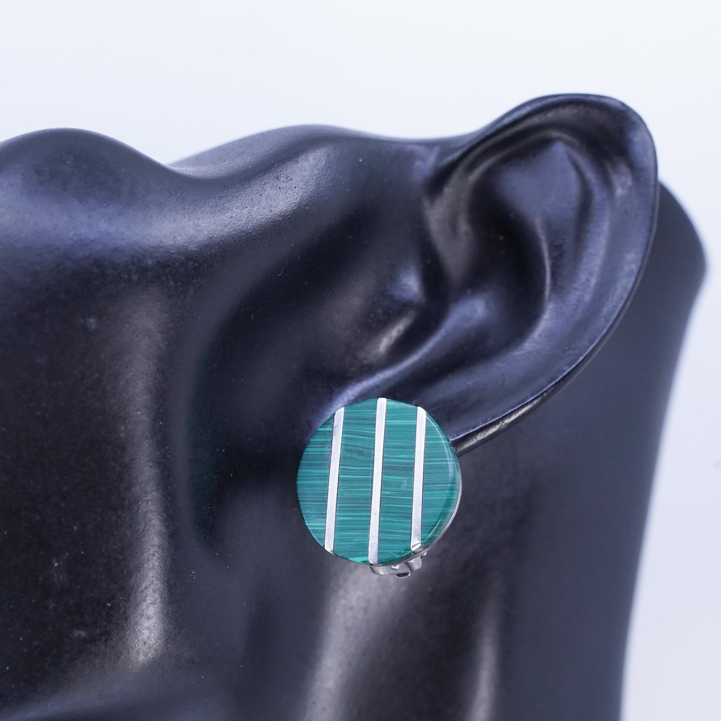 Vintage Mexican 925 silver handmade earrings, circle clip on malachite inlay