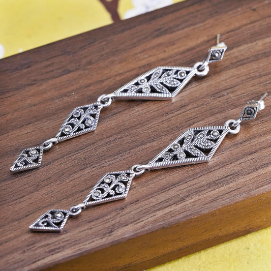 Vintage Sterling 925 silver handmade long diamond shaped earrings w/ marcasite