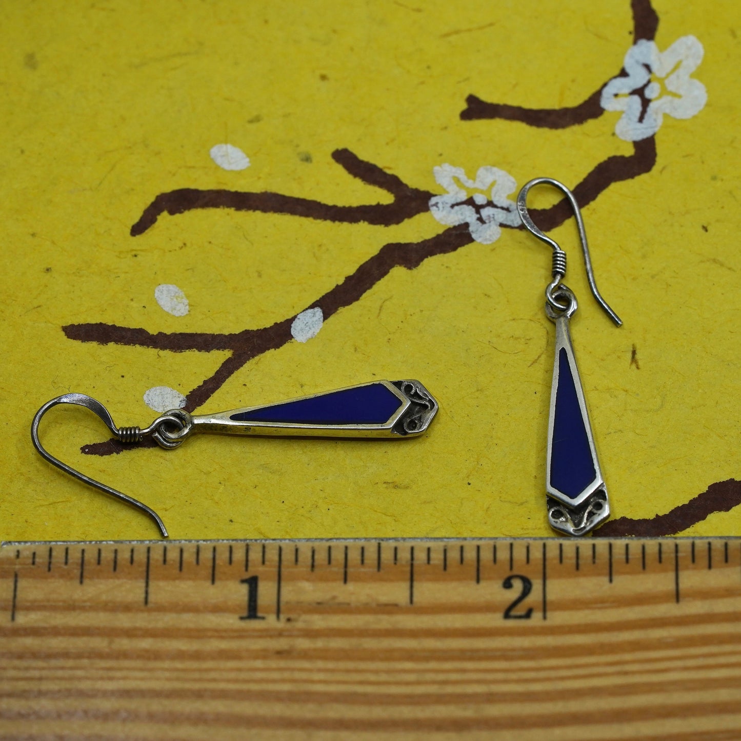 Vintage Sterling 925 silver handmade teardrop earrings with blue onyx inlay