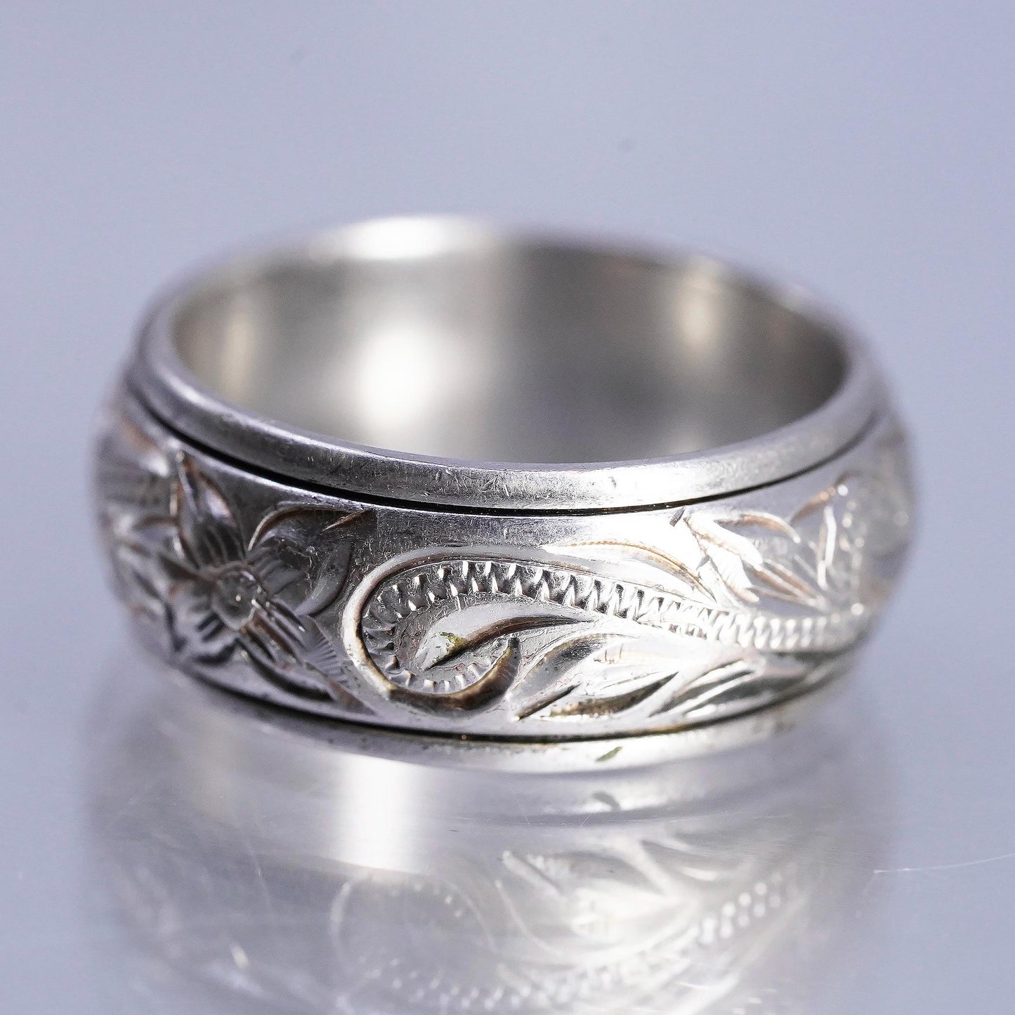 Size 7, 925 Sterling Silver 7K Gold Hawaiian Ring, Floral Scroll Wedding Band