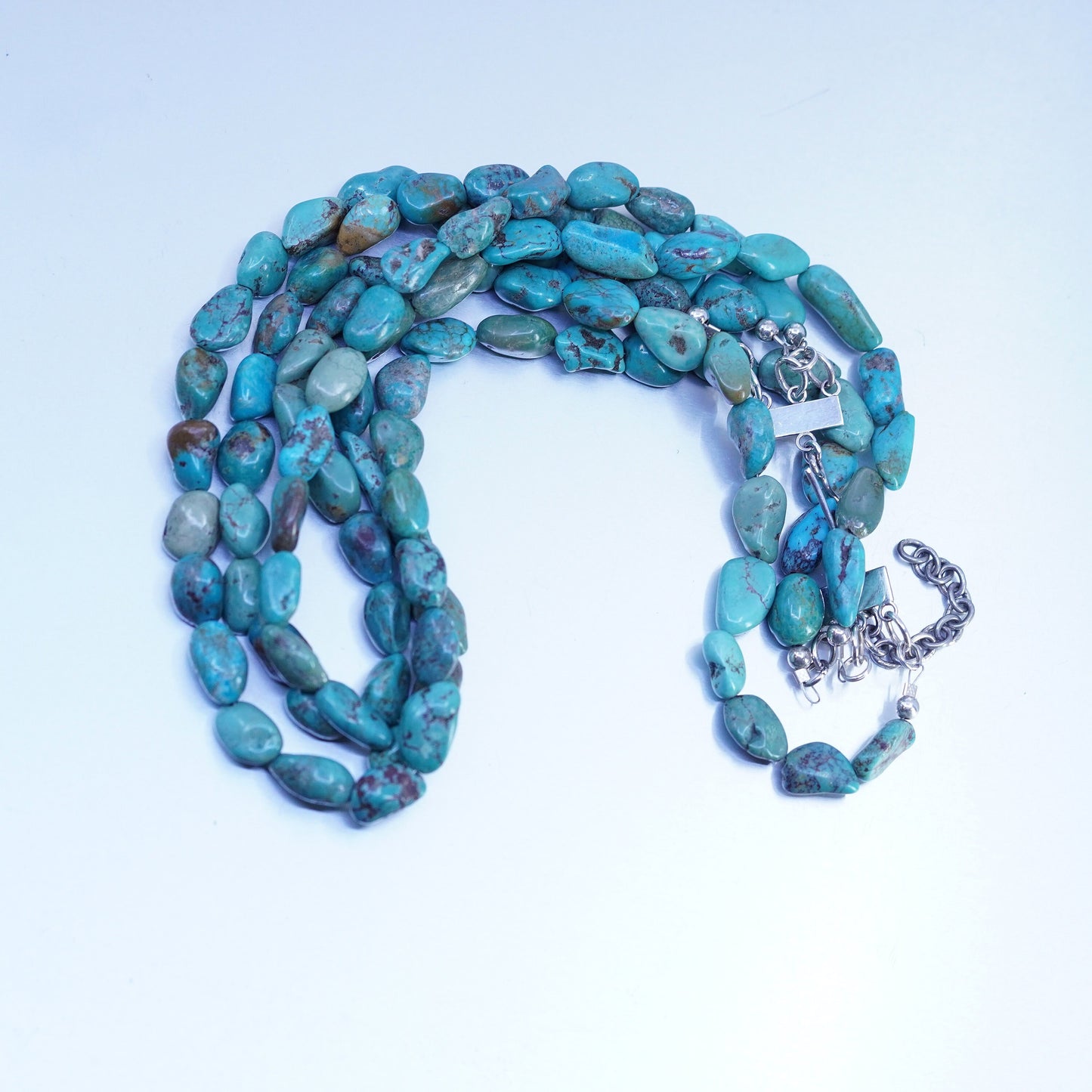 16+2”, VTG Sterling 925 silver handmade necklace with nugget turquoise beads