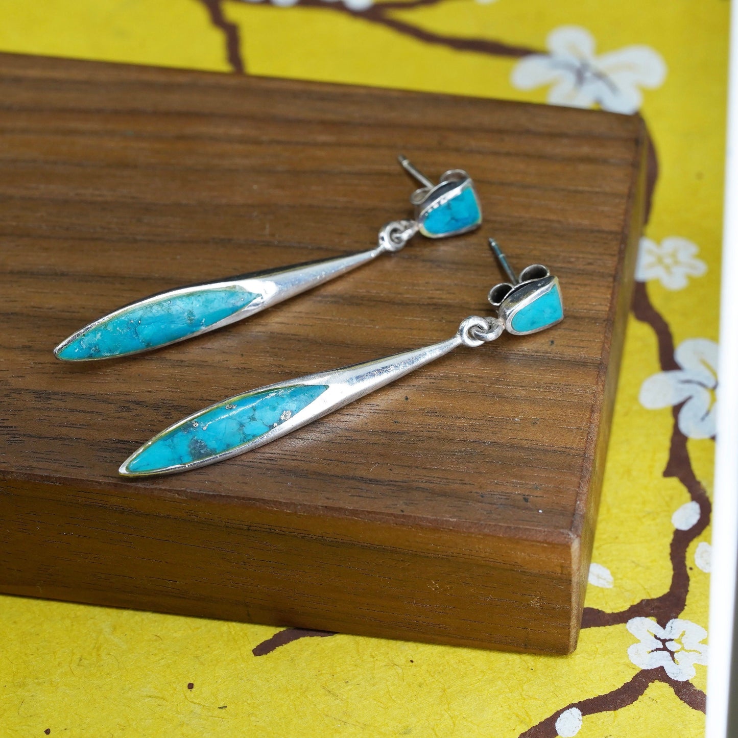 Vintage southwestern Sterling silver 925 handmade long earrings with turquoise