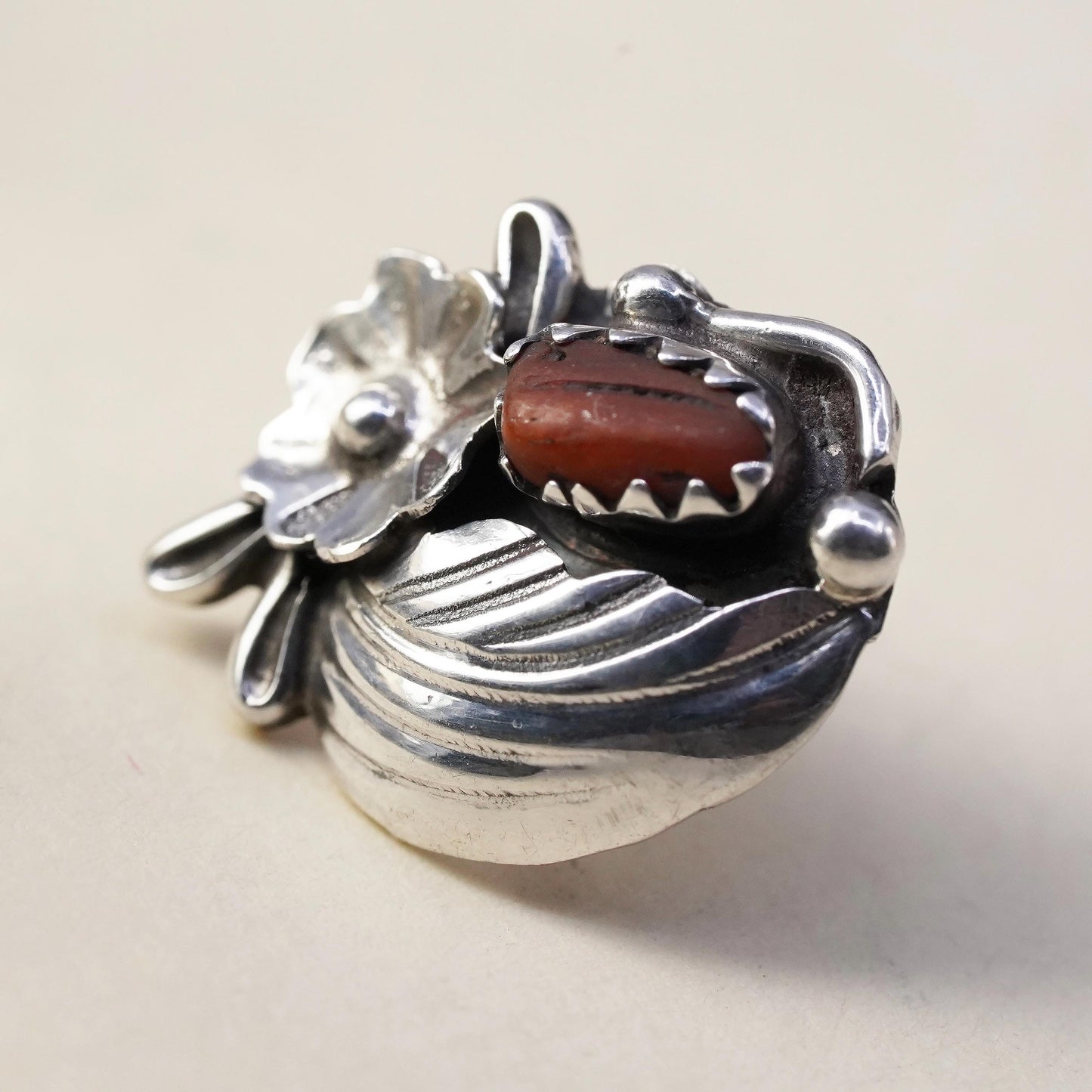 Native American Navajo handmade single earring. Sterling 925 silver stud coral