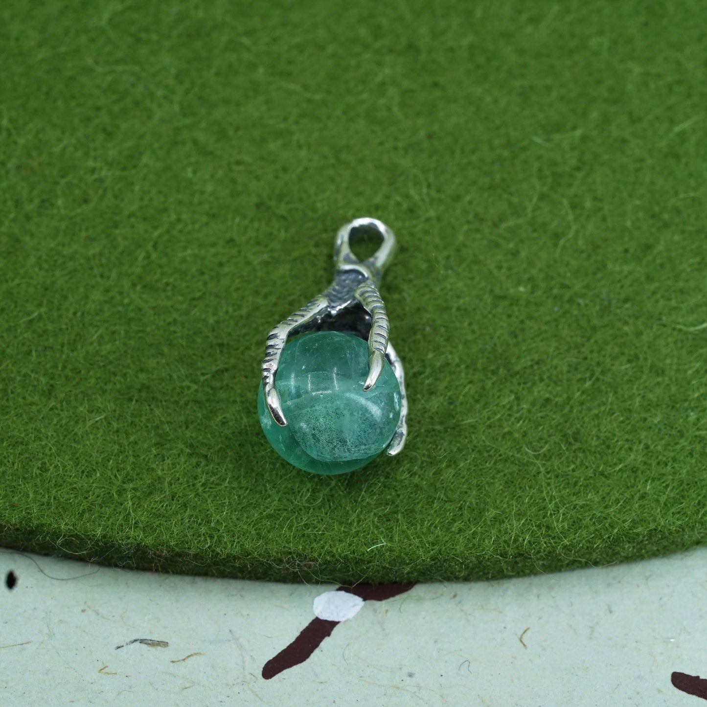 Vintage sterling silver 925 handmade dragon claw pendant with jade bead