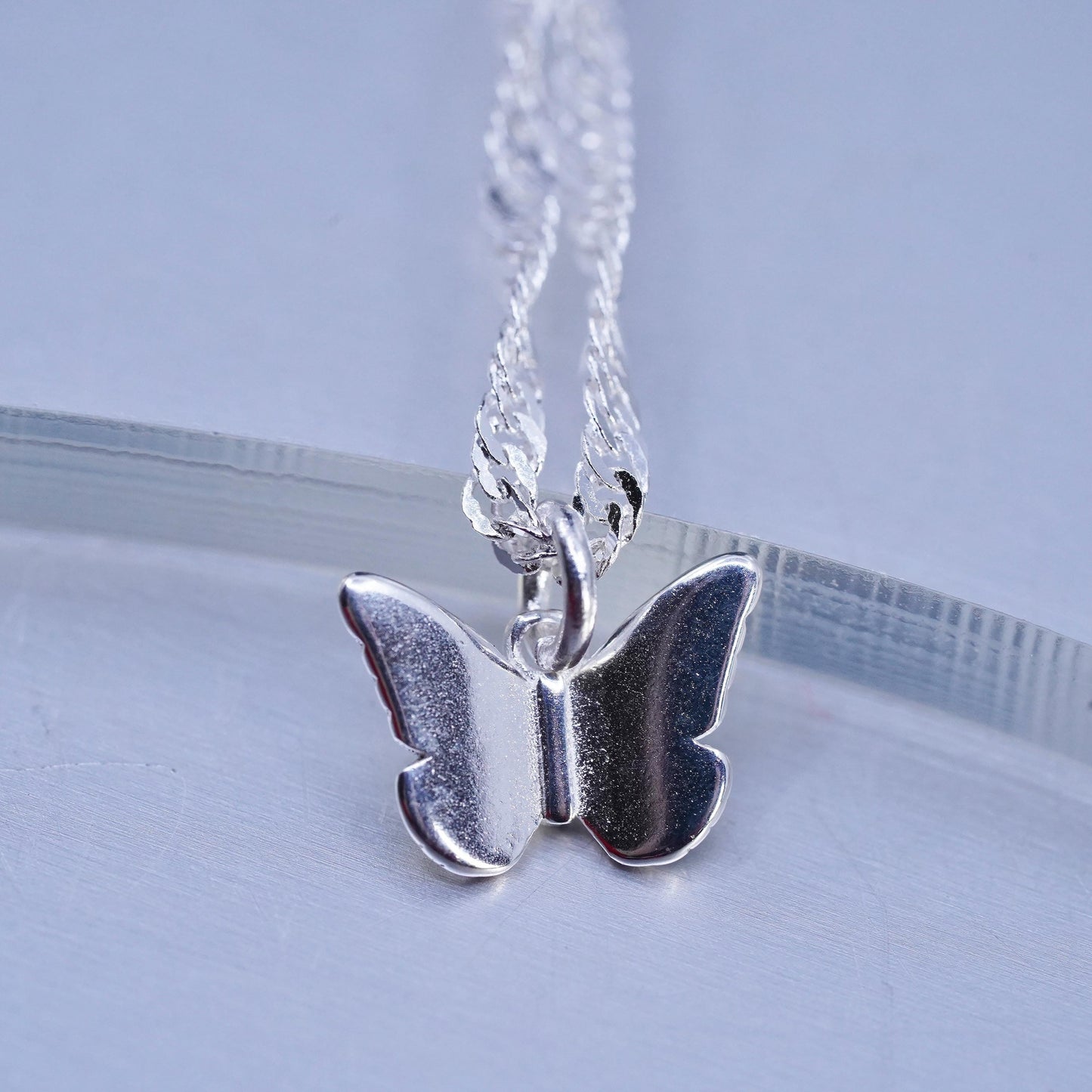 16+1.5” Sterling 925 silver twisted curb chain necklace with butterfly pendant