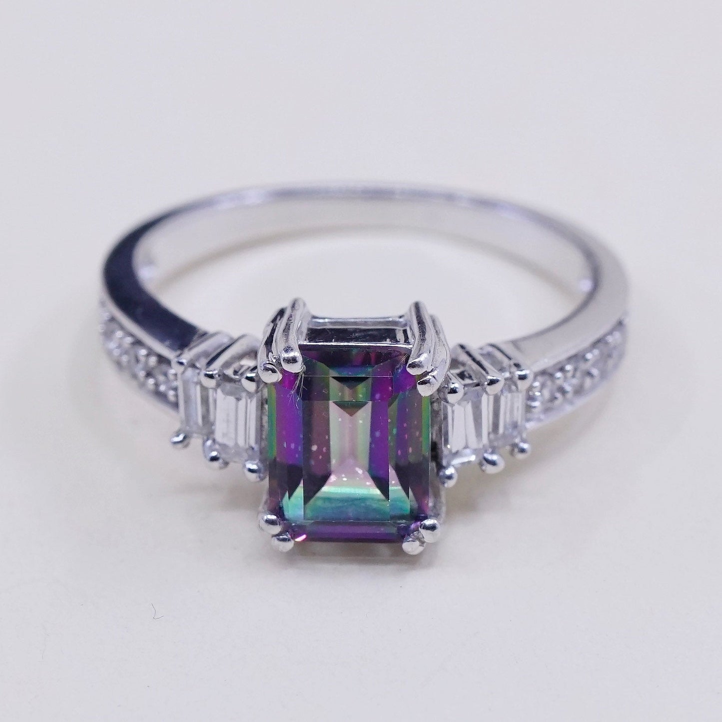 Size 7, vintage Sterling 925 silver handmade ring with rainbow topaz and Cz