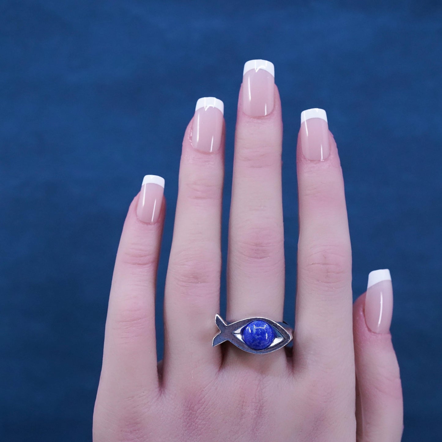 SZ 8, VTG Sterling 925 silver interchangeable fish ring, malachite lapis coral