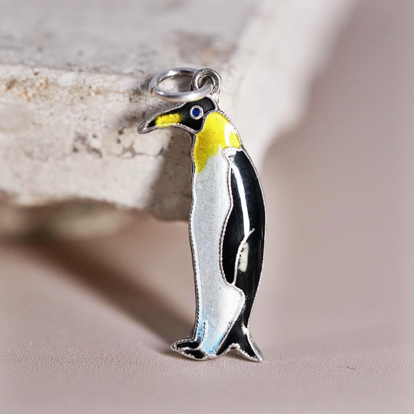 Vintage Sterling 925 silver handmade pendant, enamel penguin bird charm