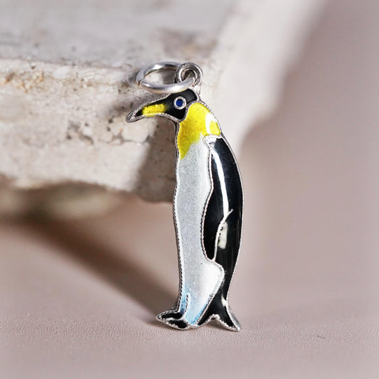 Vintage Sterling 925 silver handmade pendant, enamel penguin bird charm