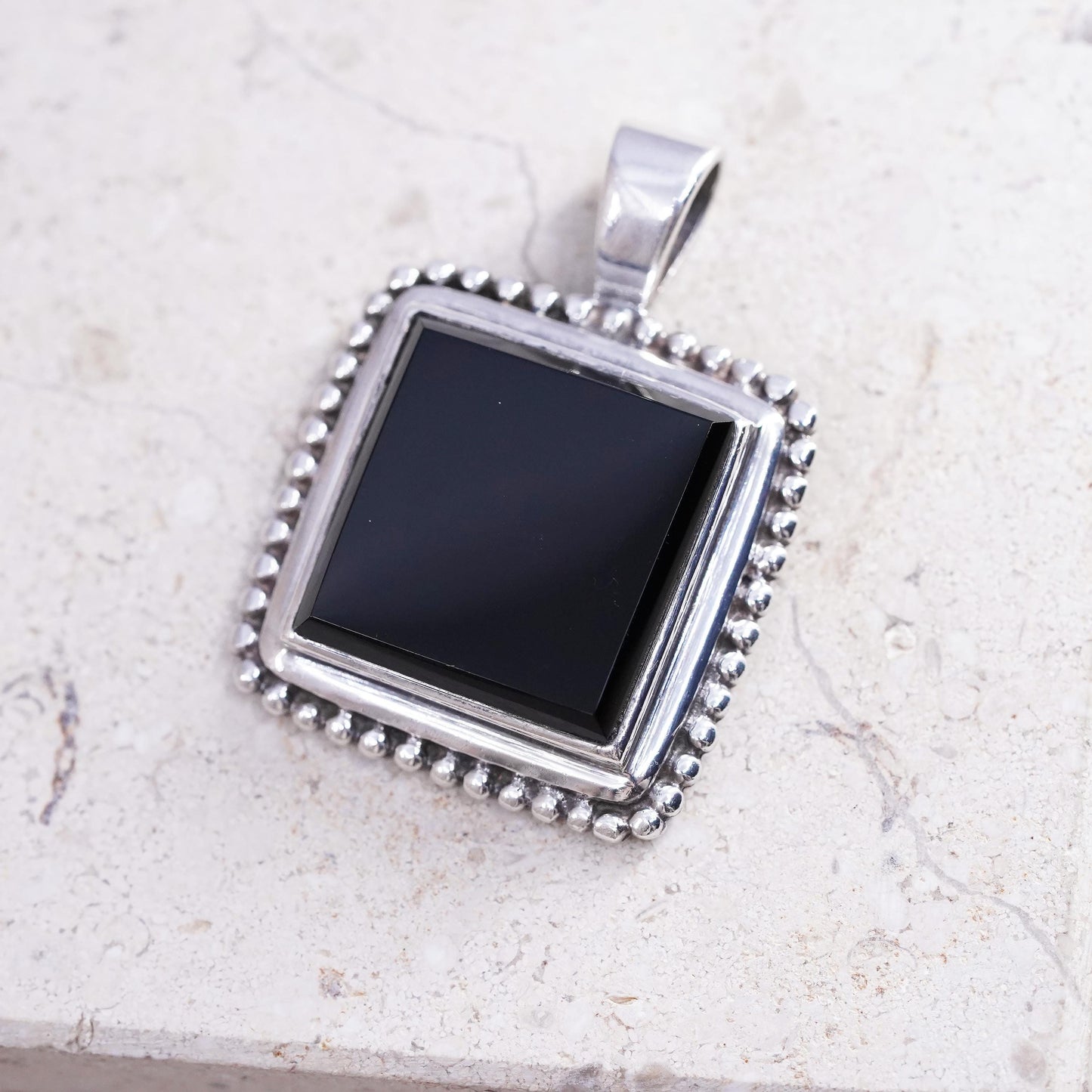 Vintage Peyote Bird Sterling 925 silver handmade square pendant black onyx bead