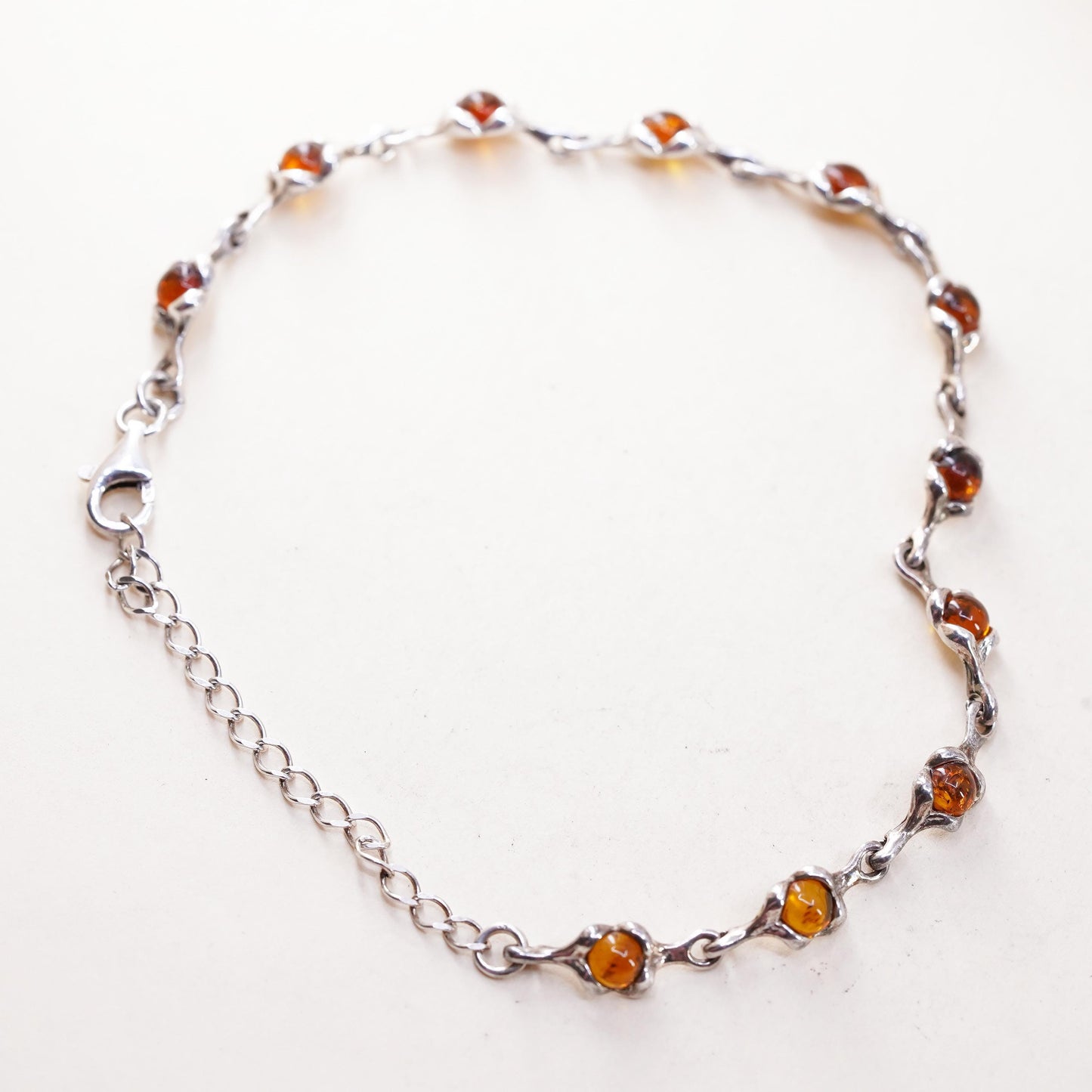 6+2", Vintage sterling 925 silver handmade bracelet with amber links