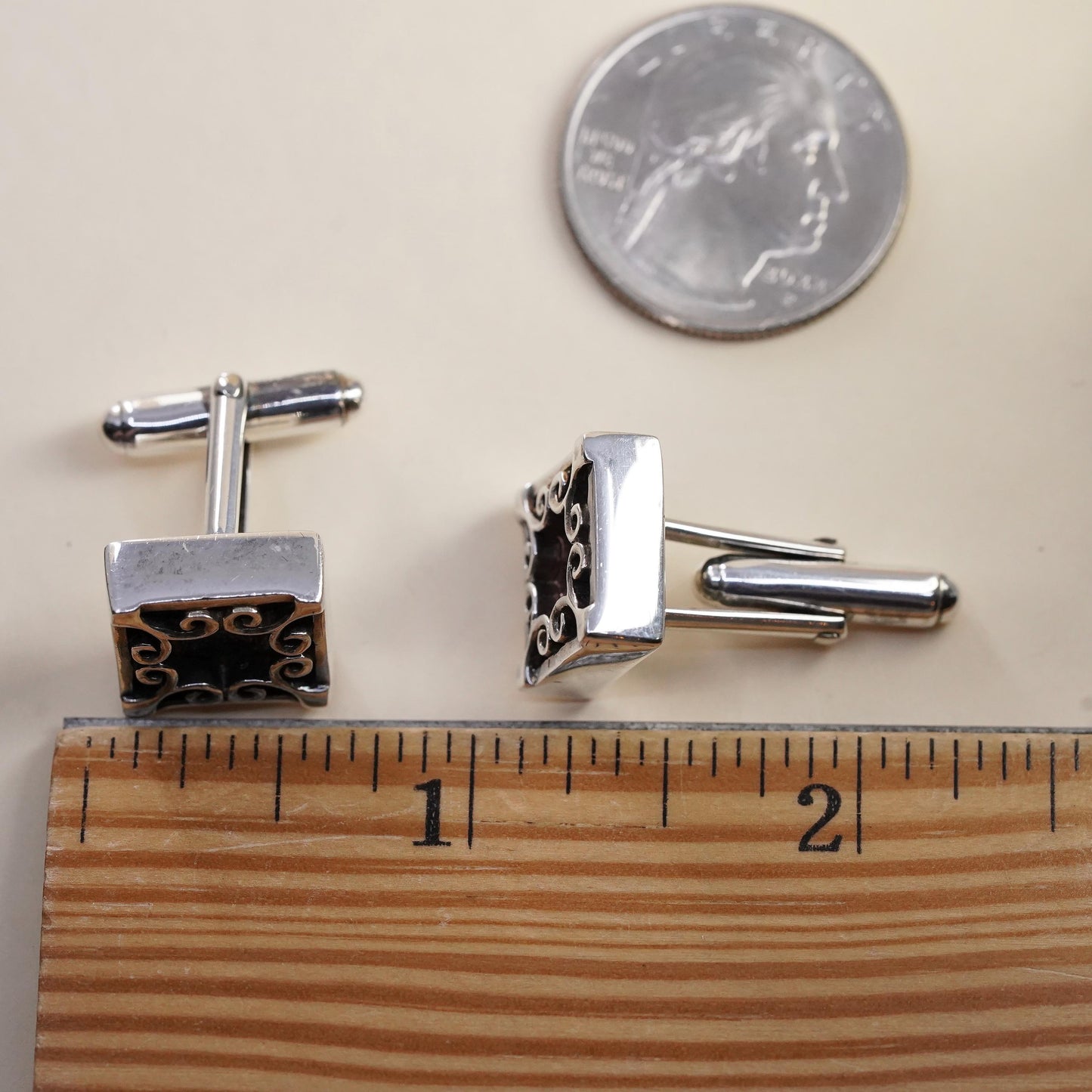 VTG sterling silver square filigree swirly cuff links, handmade 925 cufflinks
