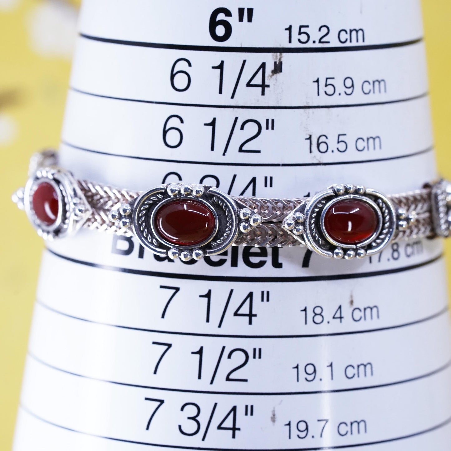 7”, VTG sterling silver bracelet, multi strands 925 wheat chain oval carnelian