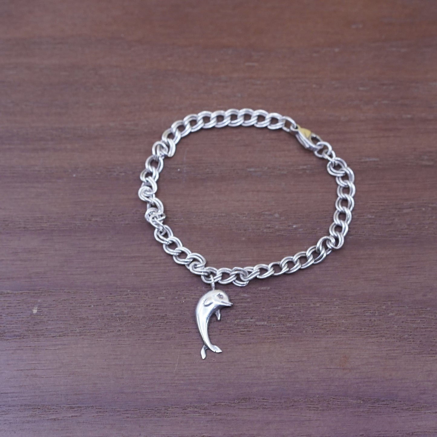 6.5”, Sterling silver double curb bracelet, 925 chain bracelet dolphin charm
