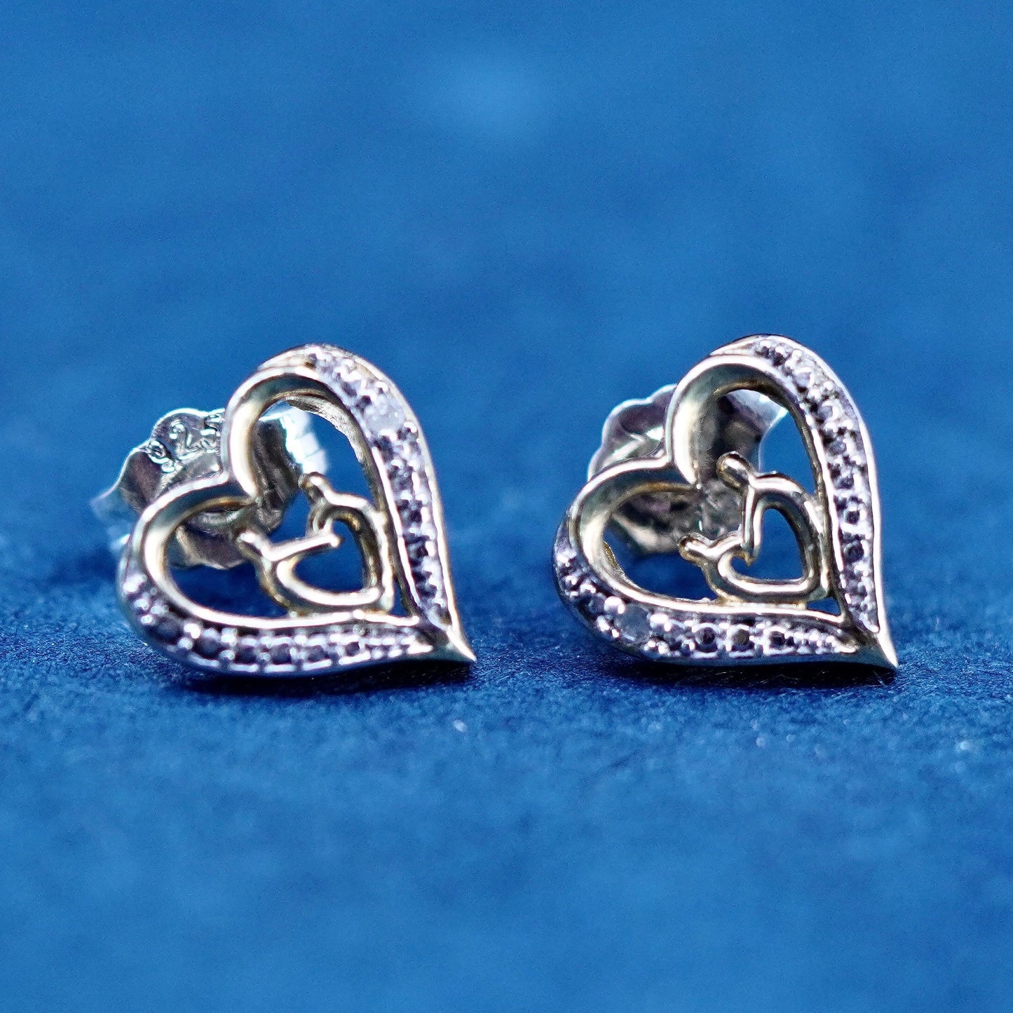 vermeil gold over Sterling silver earrings, 925 double heart studs diamond
