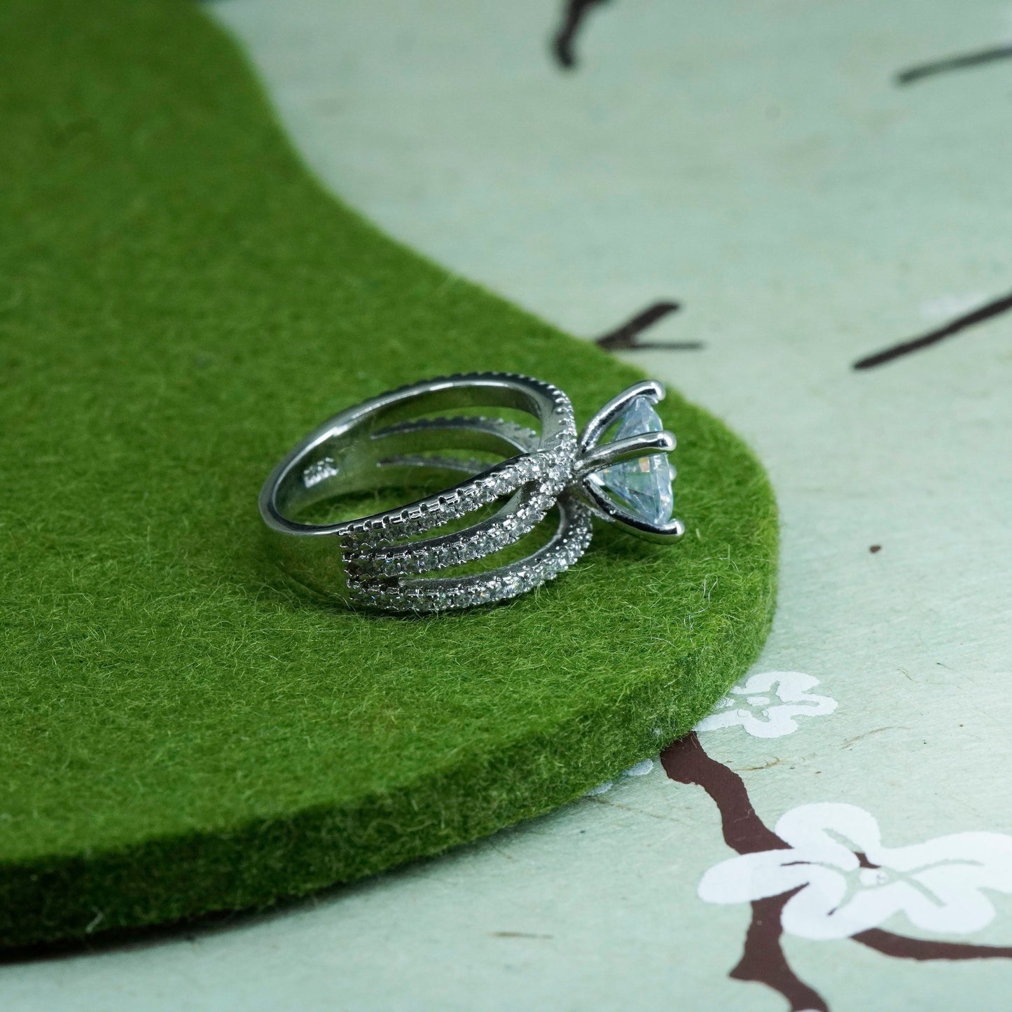 Size 6, vintage sterling silver engagement ring with cluster cz