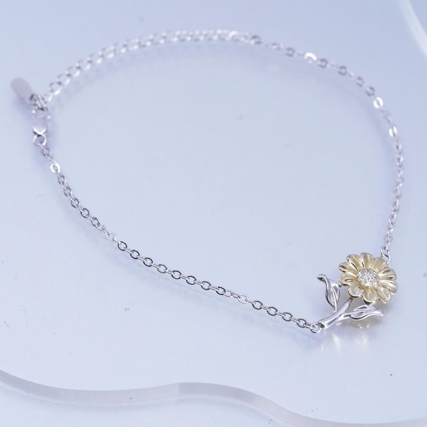 7+2" two tone Sterling Silver Bracelet anklet, 925 Circle chain sunflower charm