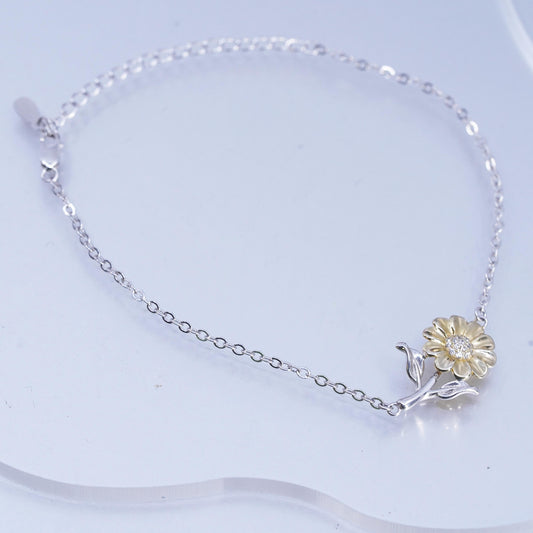 7+2" two tone Sterling Silver Bracelet anklet, 925 Circle chain sunflower charm