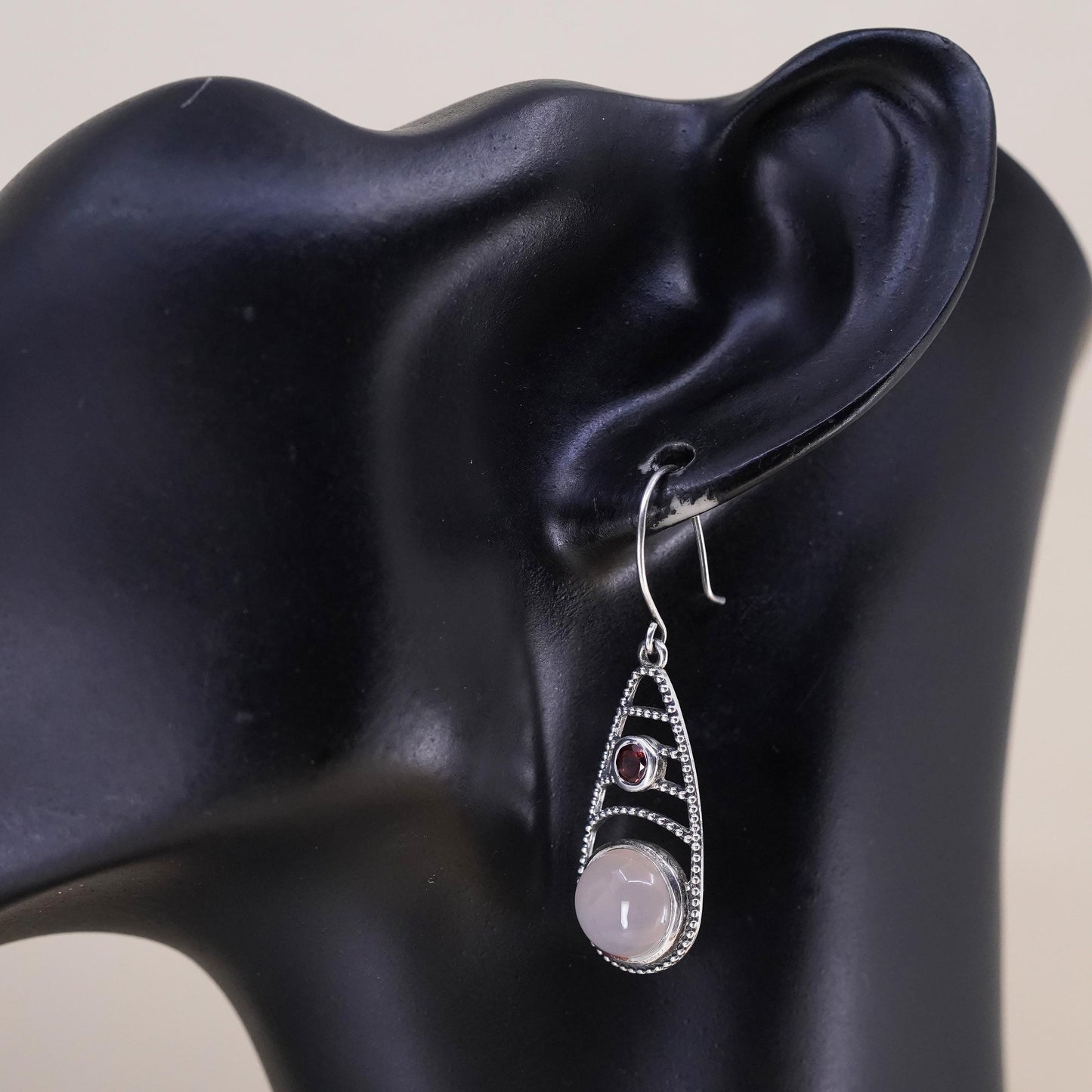 Vintage Sterling 925 silver handmade earrings with pink quartz and garnet
