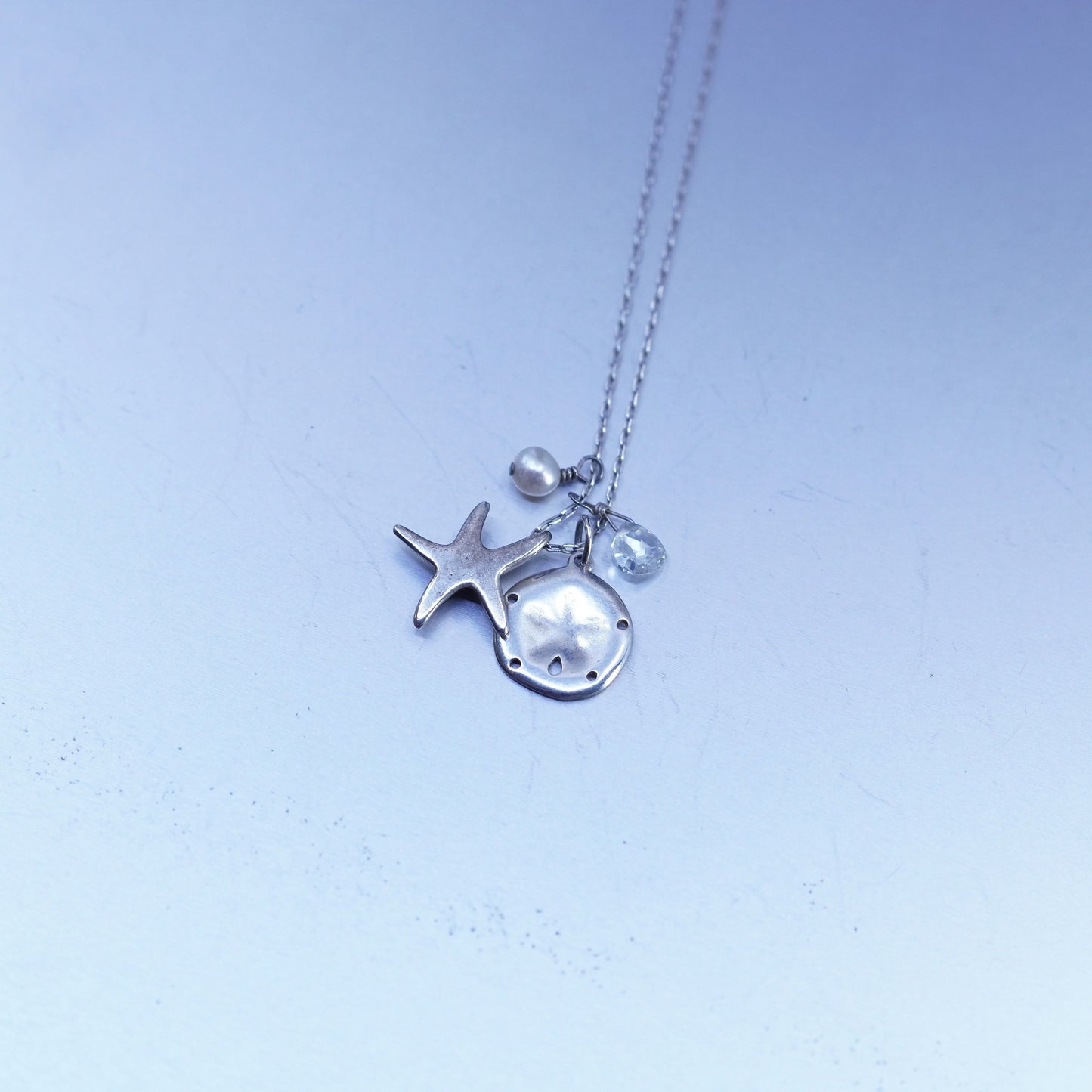 18”, Sterling 925 silver circle necklace sand dollar starfish charms pendant