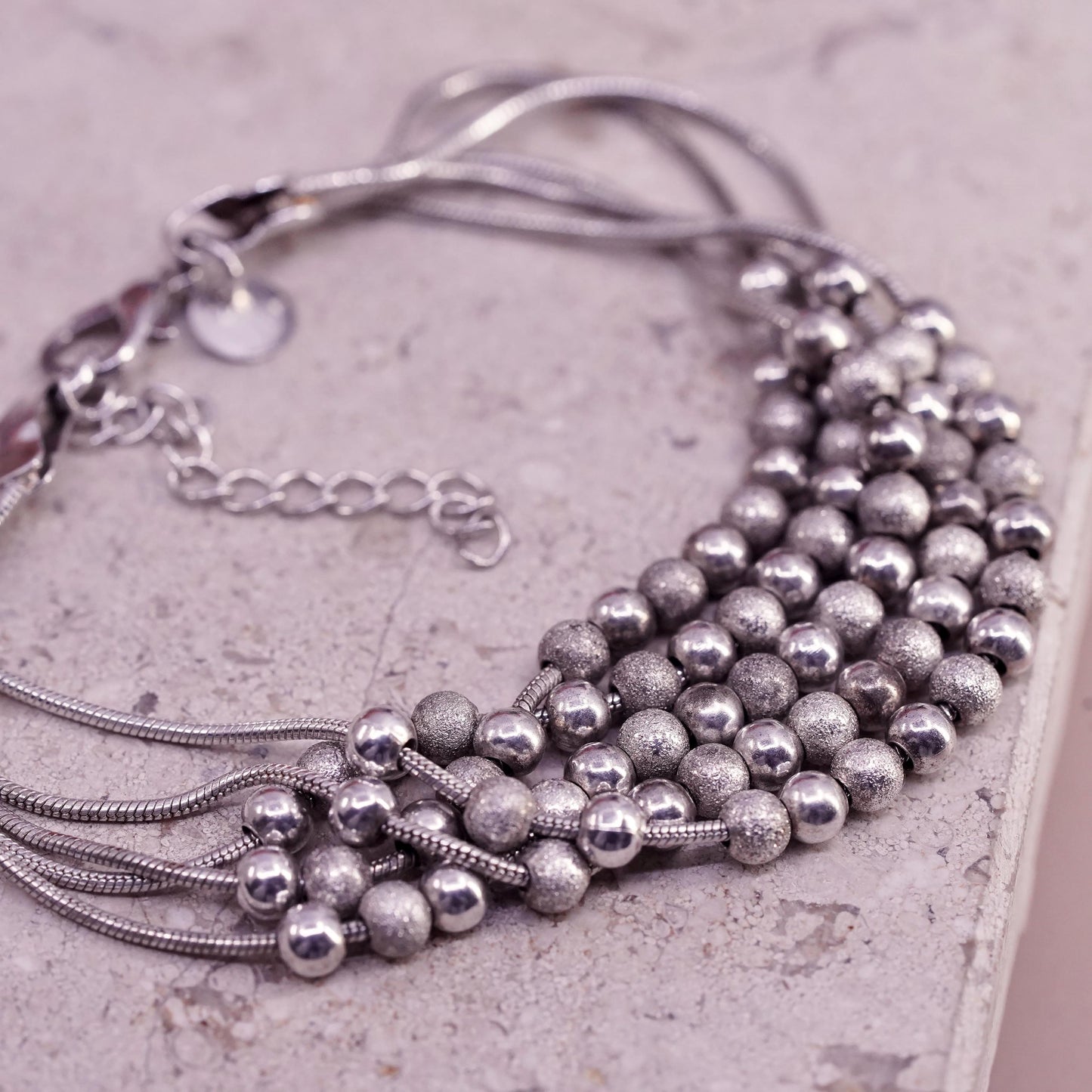 7+2”, vintage Sterling silver bracelet, 925 multi 5 strands snake chains beads