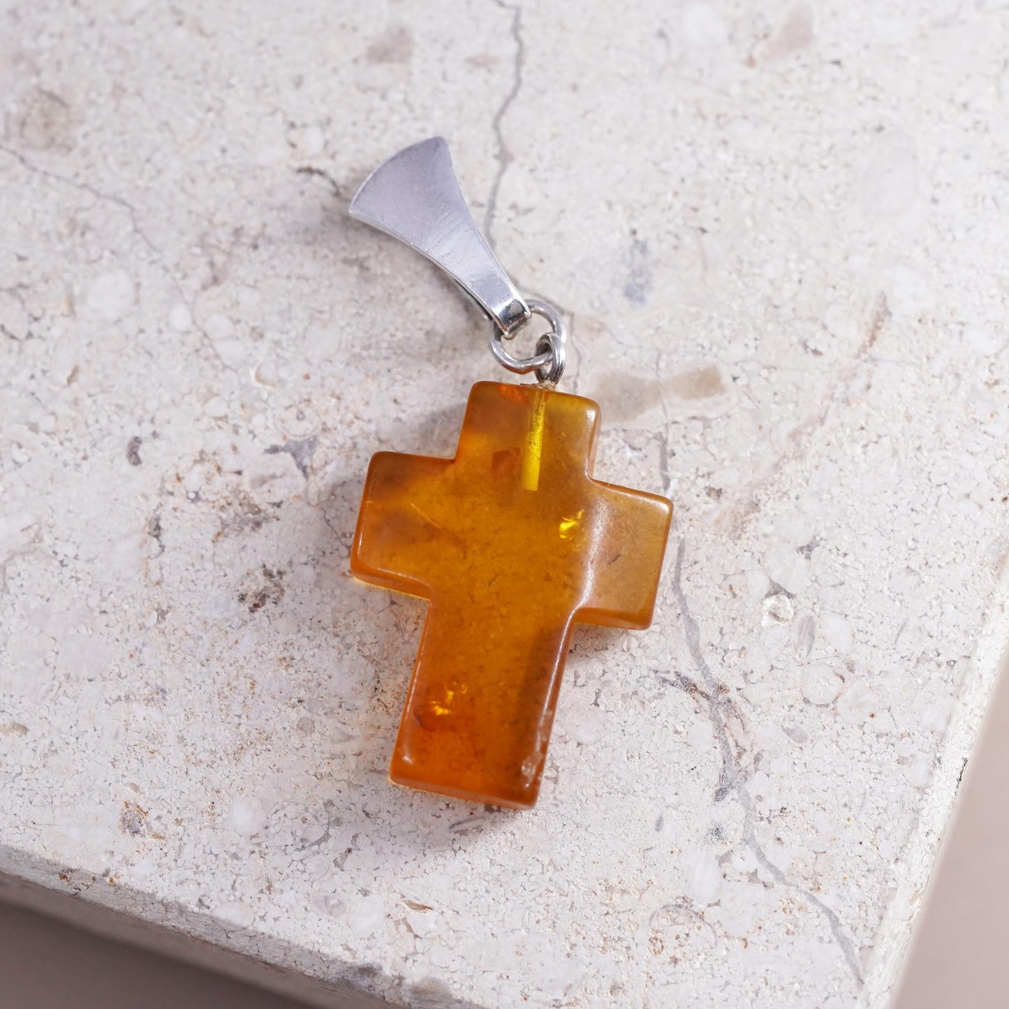 Vintage Sterling 925 silver handmade cross pendant with amber