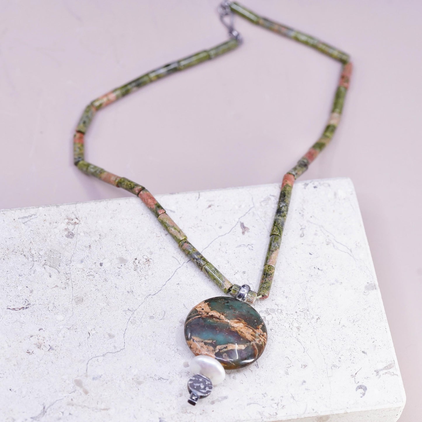 16", vintage Sterling 925 silver necklace fancy landscape Jasper, tube beads