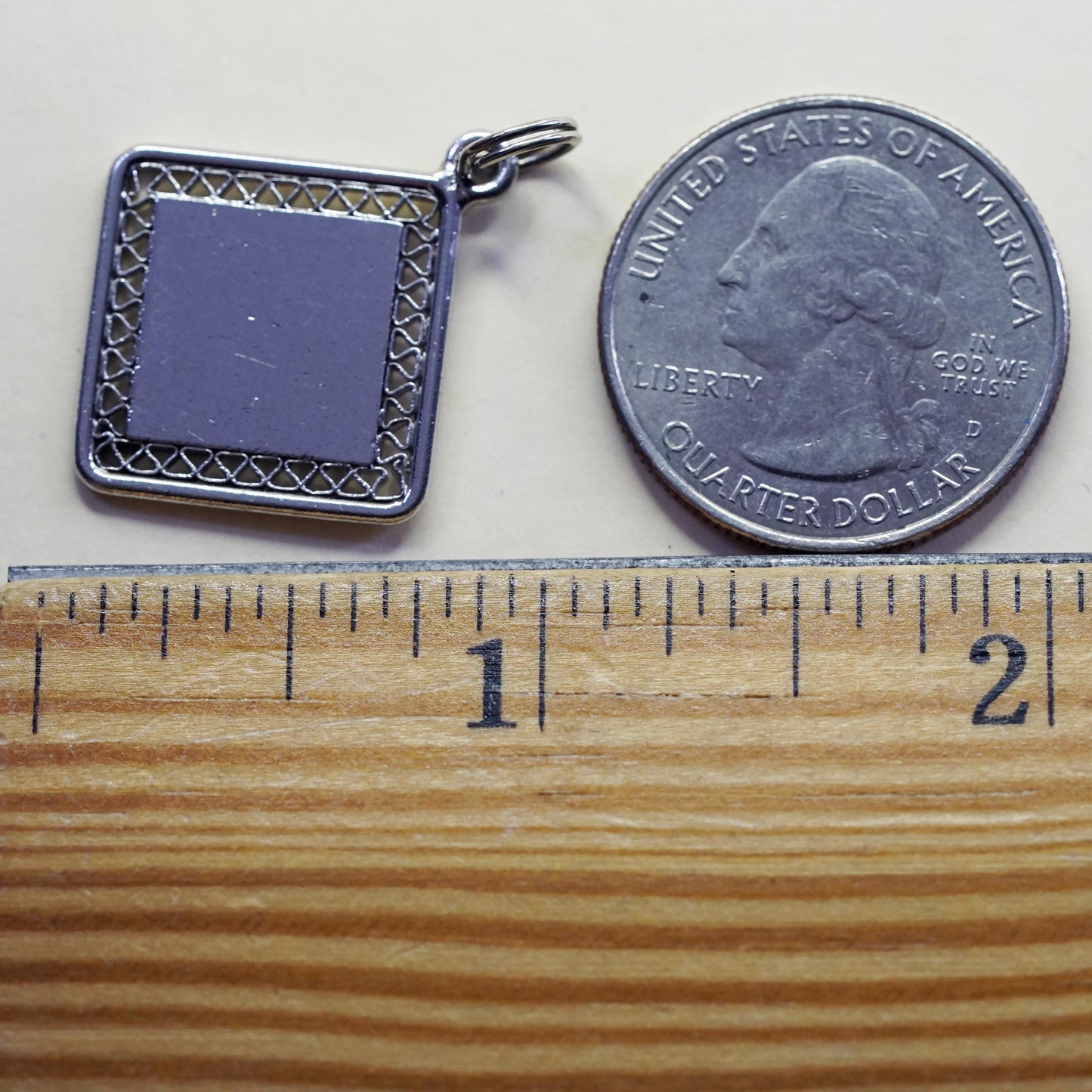 Vintage sterling silver charm, 925 filigree silver blank square tag