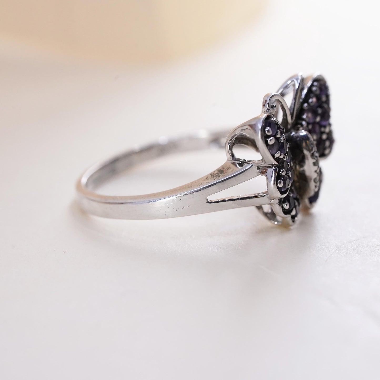 Size 9.5, Vintage Sterling 925 silver handmade butterfly ring cluster amethyst