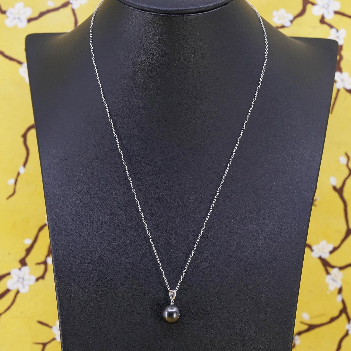 18", VTG sterling silver handmade necklace, 925 circle chain 10mm black pearl